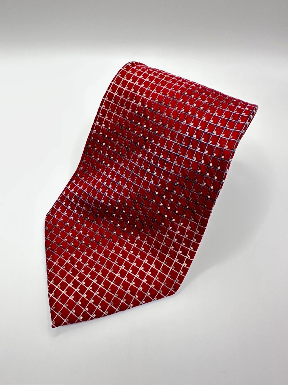 Calvin Klein Red & Silver Grid Silk Tie – Modern Geometric Design